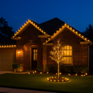 Warm-white roofline lights & tree wrap – Conroe, TX
