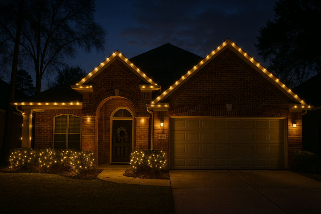 Warm white roof with shrub, Conroe, Tx
